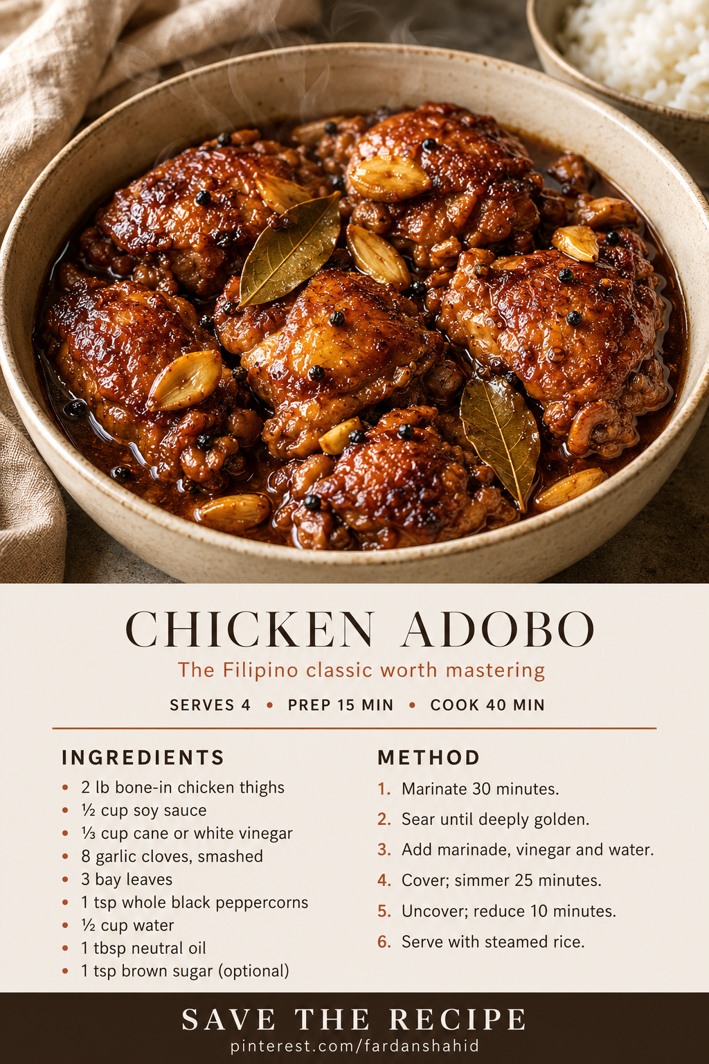 Sarap — Chicken Adobo bowl with steamed rice